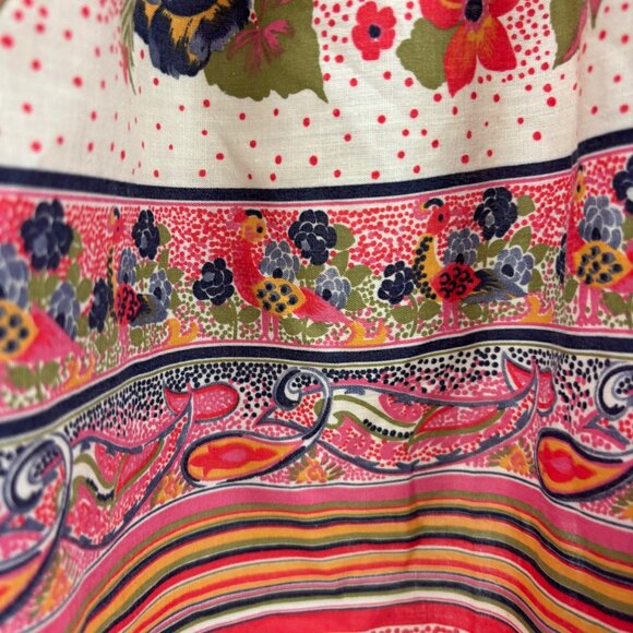 Vintage 70s Prairie Sundress Womens Large Peacock Bird Border Print Fit N Flare - Picture 7 of 12